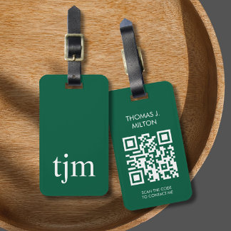 Étiquette À Bagage Élégant code QR monogramme gras blanc vert foncé