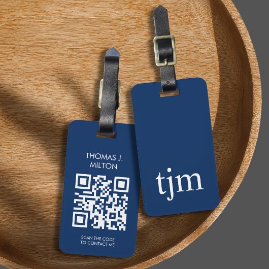 Étiquette À Bagage Élégant Code QR Monogramme Gras Bleu Blanc