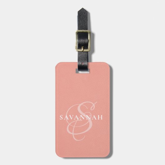 Étiquette À Bagage Élégant cuir rose blush écriture monogramme (Devant Vertical)