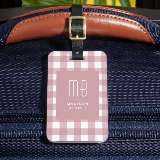 Étiquette À Bagage Elegant Dusty Pink Gingham Monogram (Insitu Rectoal 2)