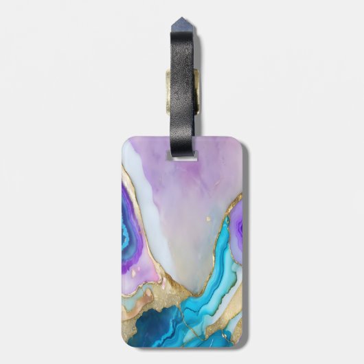 Étiquette À Bagage Élégant élégant violet or bleu marbre Monogramme (Dos Vertical)
