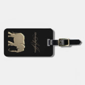 Étiquette À Bagage Élégant Éléphant Doré Monogrammé Chic Noir (Devant horizontal)