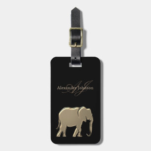 Étiquette À Bagage Élégant Éléphant Doré Monogrammé Chic Noir