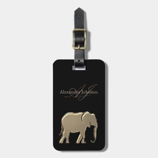 Étiquette À Bagage Élégant Éléphant Doré Monogrammé Chic Noir (Devant Vertical)