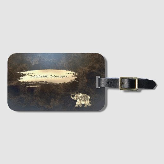 Étiquette À Bagage Elégant Eléphant Or, Brush Stroke, Look Cuir (Devant Horizontal)