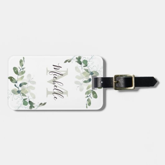 Étiquette À Bagage Elégant Eucalyptus Monogramme Nom du script (Devant horizontal)