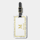 Étiquette À Bagage Elégant Faux Marbre Bordure Gold Nom avec Monogram (Devant Vertical)