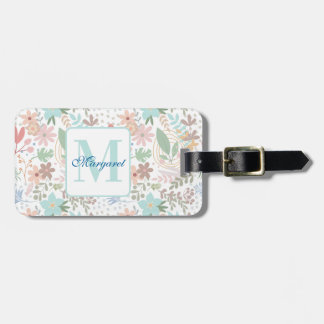 Étiquette À Bagage Élégant feuille florale bleu monogramme à thème