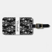 Étiquette À Bagage Élégant Floral Noir Et Blanc (Devant horizontal)