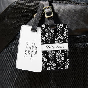 Étiquette À Bagage Élégant floral noir et blanc