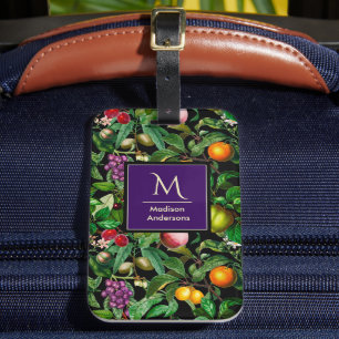 Étiquette À Bagage Elégant fruits tropicaux noir motif monogramme