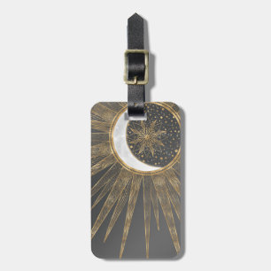 Étiquette À Bagage Elegant Gold Doodles Sun Moon Mandala Design