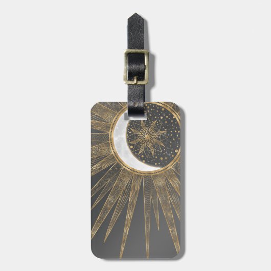 Étiquette À Bagage Elegant Gold Doodles Sun Moon Mandala Design (Devant Vertical)