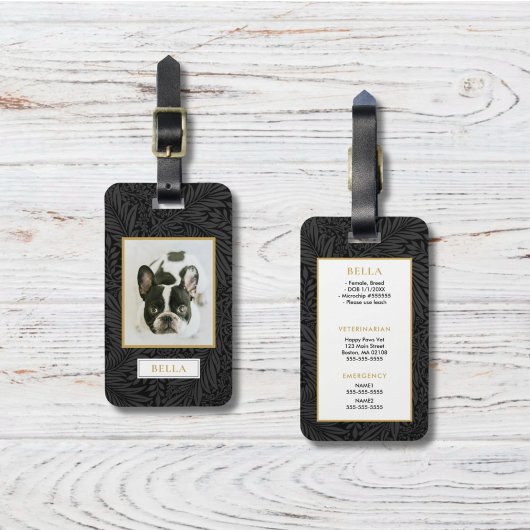 Étiquette À Bagage Élégant Gold Nom de l'animal de compagnie Black Fl