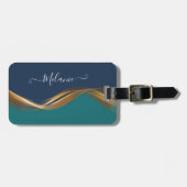 Étiquette À Bagage Elégant Gold Wave Blue Turquoise (Devant horizontal)