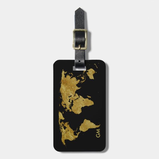 Étiquette À Bagage Elégant Gold World Map Monogramme personnalisé (Devant Vertical)
