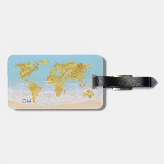 Étiquette À Bagage Elégant Gold World Map Plage Monogramme personnali (Dos horizontal)
