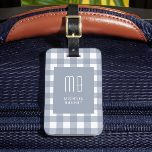 Étiquette À Bagage Elegant Gray Blue Gingham Monogram (Insitu Rectoal 2)