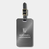 Étiquette À Bagage Élégant Gris brossé Métallique Monogramme initial (Devant Vertical)