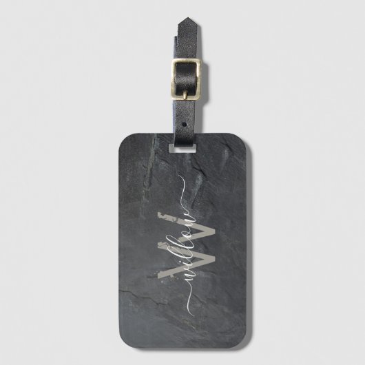Étiquette À Bagage Élégant Gris de Charbon Stone Script Monogramme (Devant Vertical)
