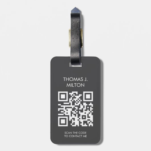 Étiquette À Bagage Élégant gris foncé blanc gras monogramme QR Code (Dos Vertical)