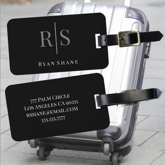 Étiquette À Bagage Élégant gros monogramme gris blanc Nom Info, noir
