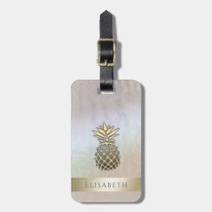Étiquette À Bagage Élégant holographique glamour ananas or