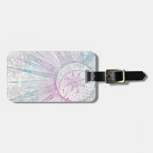 Étiquette À Bagage Elegant Iridescent Sun Moon Mandala Silver Design (Devant horizontal)