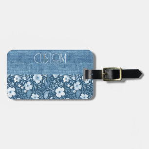 Étiquette À Bagage Élégant look Botanique Bleu Faux Denim