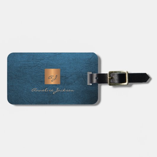 Étiquette À Bagage Elégant luxe en cuir bleu look or monogrammed (Devant horizontal)