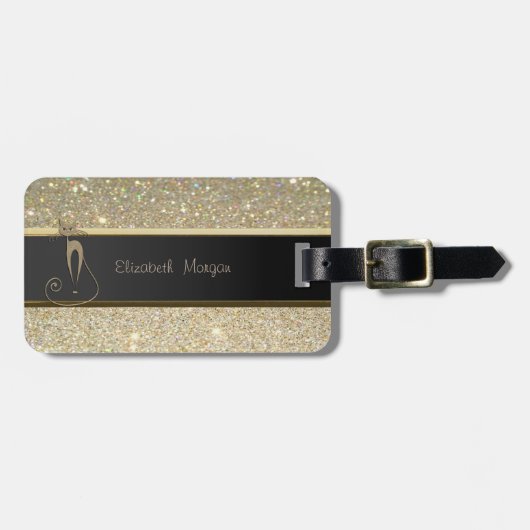 Étiquette À Bagage Élégant Luxe Sophistiqué, Chat, Glitterie (Devant horizontal)