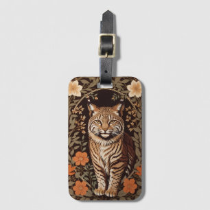 Étiquette À Bagage Élégant Lynx roux sur fond floral marron