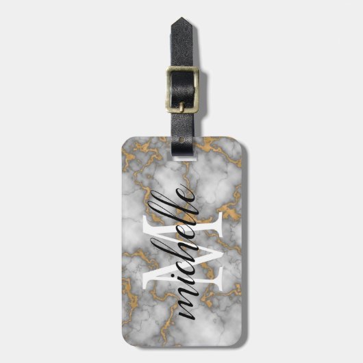 Étiquette À Bagage Elégant marbre blanc or | Monogramme personnalisé (Devant Vertical)
