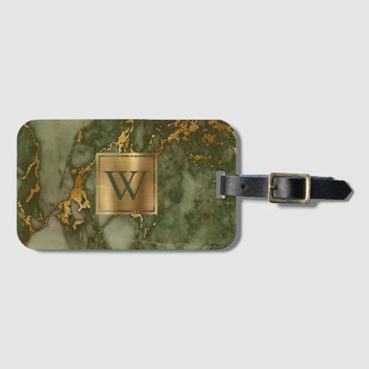 Étiquette À Bagage Élégant Marbre Vert Olive Or Monogramme (Devant Horizontal)