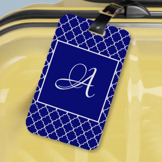 Étiquette À Bagage Elégant Marocain damassé marine Monogramme bleu