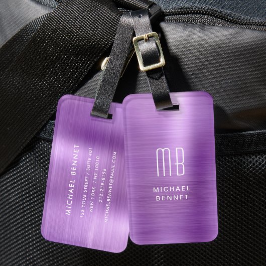 Étiquette À Bagage Élégant Métal brossé violet monogramme