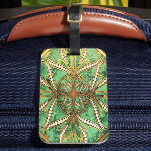 Étiquette À Bagage Elégant modèle vert et or Damask