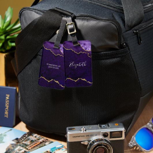 Étiquette À Bagage Elégant moderne Aquarelle Marbre Géode Purple Or (Recto & Verso)