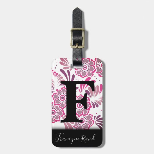 Étiquette À Bagage Élégant moderne élégant rose floral Monogramme de  (Devant Vertical)