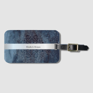 Étiquette À Bagage Elégant moderne en argent Mandala Stripe Navy bleu