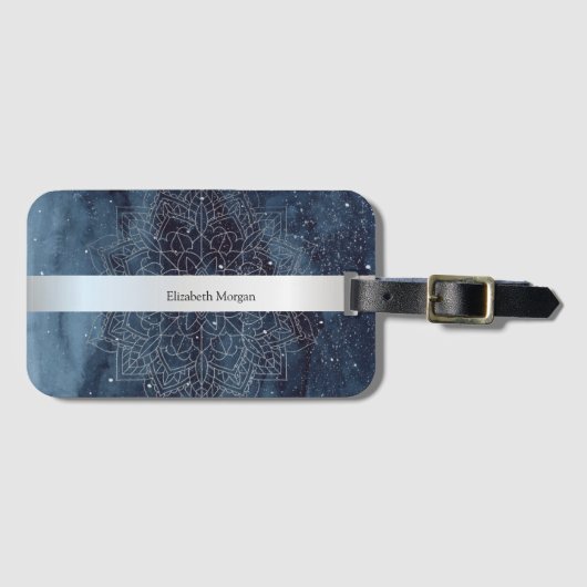 Étiquette À Bagage Elégant moderne en argent Mandala Stripe Navy bleu (Devant Horizontal)