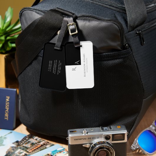 Étiquette À Bagage Élégant moderne moitié noir moitié blanc Monogramm (Recto & Verso)