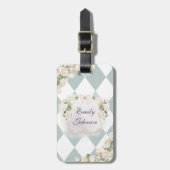 Étiquette À Bagage Elegant Monogram White Roses Green Leaves Diamond (Devant Vertical)