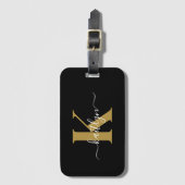 Étiquette À Bagage Élégant Monogramme Black Gold Script (Devant Vertical)