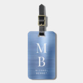 Étiquette À Bagage Élégant Monogramme Bleu (Devant Vertical)