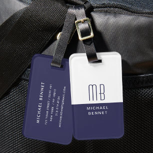 Étiquette À Bagage Élégant Monogramme Bleu Marine