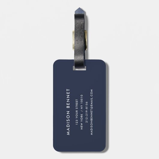 Étiquette À Bagage Élégant Monogramme bleu marine (Dos Vertical)