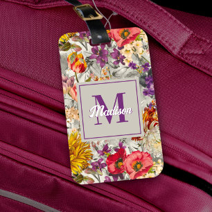 Étiquette À Bagage Élégant monogramme de motif gris fleuri violet