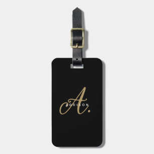 Étiquette À Bagage Élégant Monogramme de script en or noir chic Girly