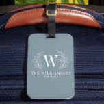 Étiquette À Bagage Élégant Monogramme Dusty Blue Nom de famille<br><div class="desc">Cette étiquette à bagages bleu et blanc poussiéreux est décorée d'un monogramme feuille de laurier et de votre nom et date mariage. C'est un grand moment pour les mariages et les anniversaires. Personnalisez-le avec votre date initiale, nom et mariage. Vient dans une variété de couleurs. Conçu pour vous par Blackberry...</div>